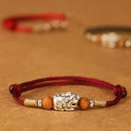 Fortune Jewel 999 Sterling Silver Pixiu Charm Peach Wood Bead Handmade String Braided Luck Bracelet Anklet - Fortune Jewel