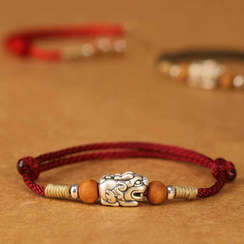 Fortune Jewel 999 Sterling Silver Pixiu Charm Peach Wood Bead Handmade String Braided Luck Bracelet Anklet - Fortune Jewel