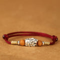 Fortune Jewel 999 Sterling Silver Pixiu Charm Peach Wood Bead Handmade String Braided Luck Bracelet Anklet - Fortune Jewel