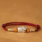 Fortune Jewel 999 Sterling Silver Pixiu Charm Peach Wood Bead Handmade String Braided Luck Bracelet Anklet - Fortune Jewel