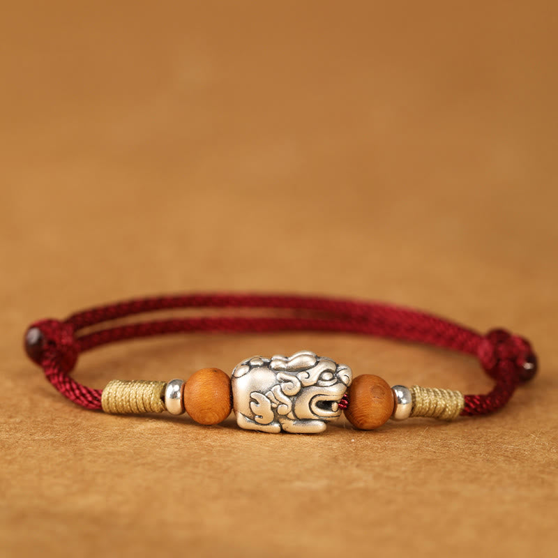 Fortune Jewel 999 Sterling Silver Pixiu Charm Peach Wood Bead Handmade String Braided Luck Bracelet Anklet - Fortune Jewel