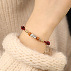 Fortune Jewel 999 Sterling Silver Pixiu Charm Peach Wood Bead Handmade String Braided Luck Bracelet Anklet - Fortune Jewel