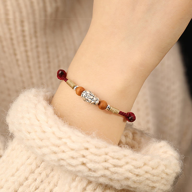 Fortune Jewel 999 Sterling Silver Pixiu Charm Peach Wood Bead Handmade String Braided Luck Bracelet Anklet - Fortune Jewel