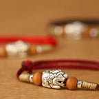 Fortune Jewel 999 Sterling Silver Pixiu Charm Peach Wood Bead Handmade String Braided Luck Bracelet Anklet - Fortune Jewel