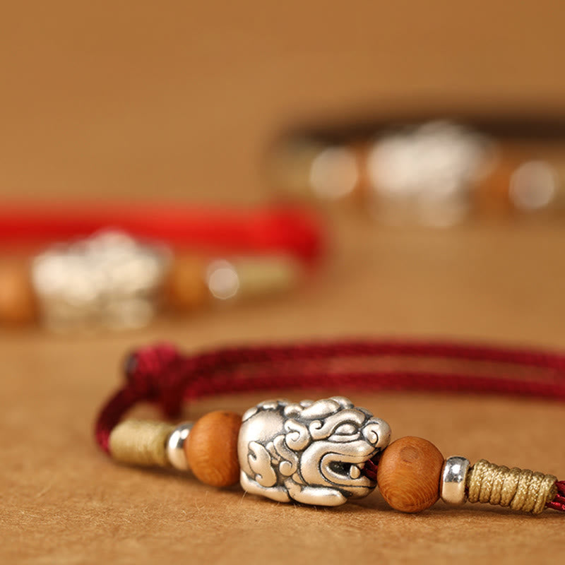 Fortune Jewel 999 Sterling Silver Pixiu Charm Peach Wood Bead Handmade String Braided Luck Bracelet Anklet - Fortune Jewel