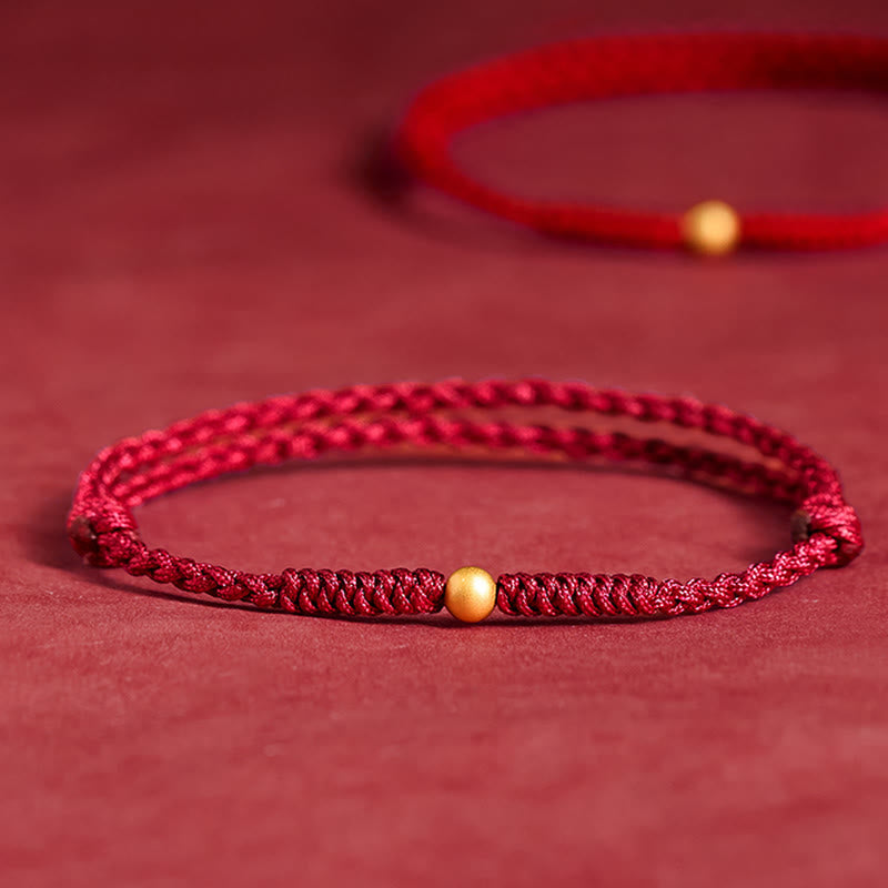 Buddha Stones "A Simple Wish for You" 925 Sterling Silver Plated Gold Single Bead Red Rope Bracelet Anklet Includes Gift Message Card - Fortune Jewel
