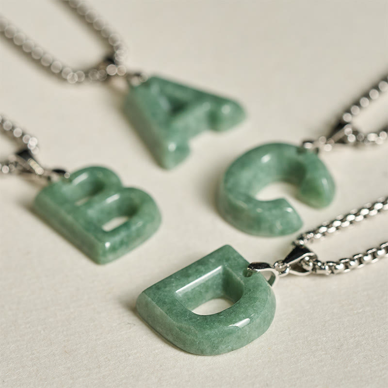 Fortune Jewel Natural A-Z Letter Jade Titanium Steel Wide Chain Prosperity Necklace Pendant - Fortune Jewel