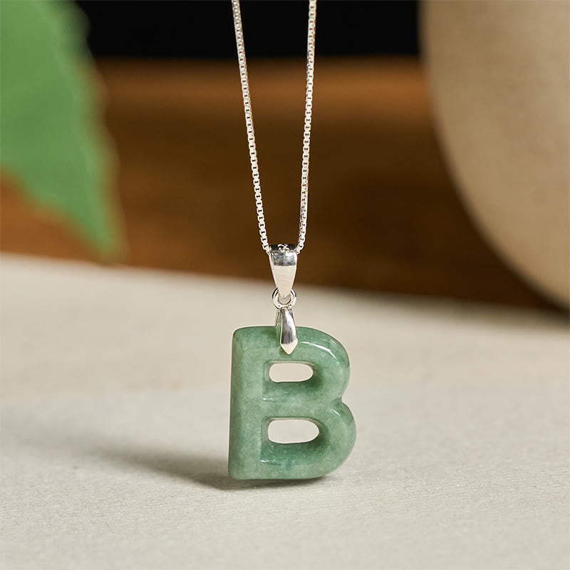 Fortune Jewel "May You Find Your Own Meaning" Natural A-Z Letter Jade 925 Sterling Silver Chain Necklace Includes Gift Message Card - Fortune Jewel