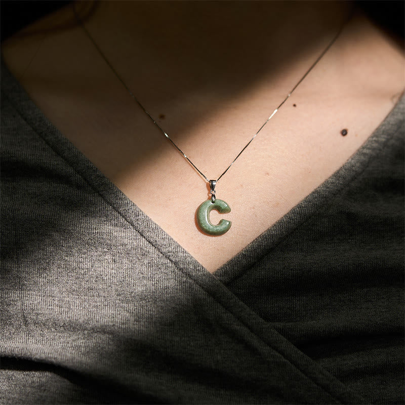 Fortune Jewel "May You Find Your Own Meaning" Natural A-Z Letter Jade 925 Sterling Silver Chain Necklace Includes Gift Message Card - Fortune Jewel
