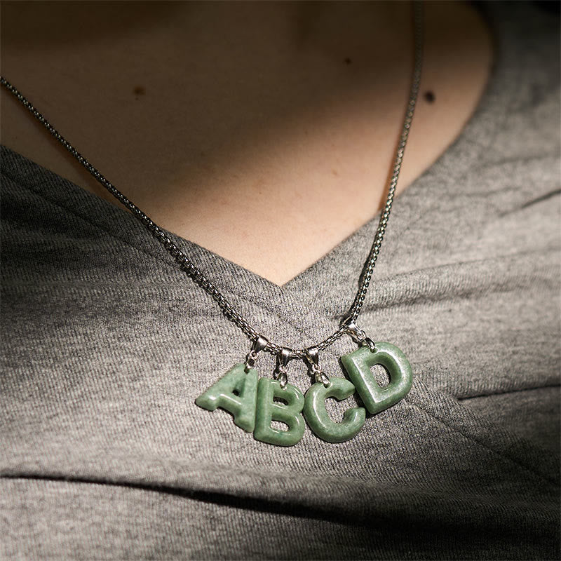 Fortune Jewel Natural A-Z Letter Jade Titanium Steel Wide Chain Prosperity Necklace Pendant - Fortune Jewel