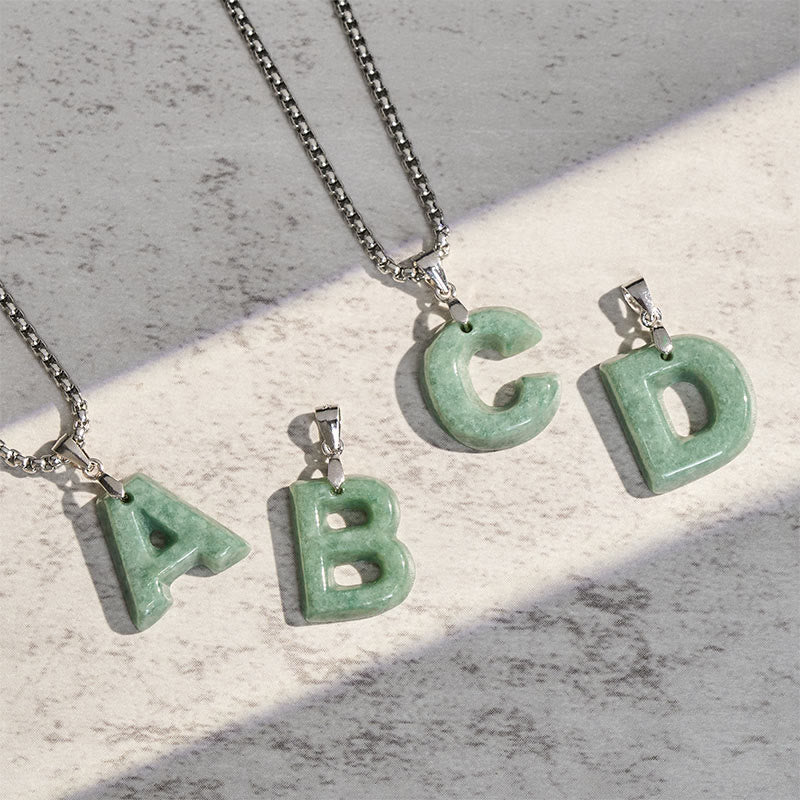 Fortune Jewel Natural A-Z Letter Jade Titanium Steel Wide Chain Prosperity Necklace Pendant - Fortune Jewel