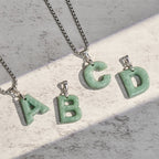Fortune Jewel Natural A-Z Letter Jade Titanium Steel Wide Chain Prosperity Necklace Pendant - Fortune Jewel