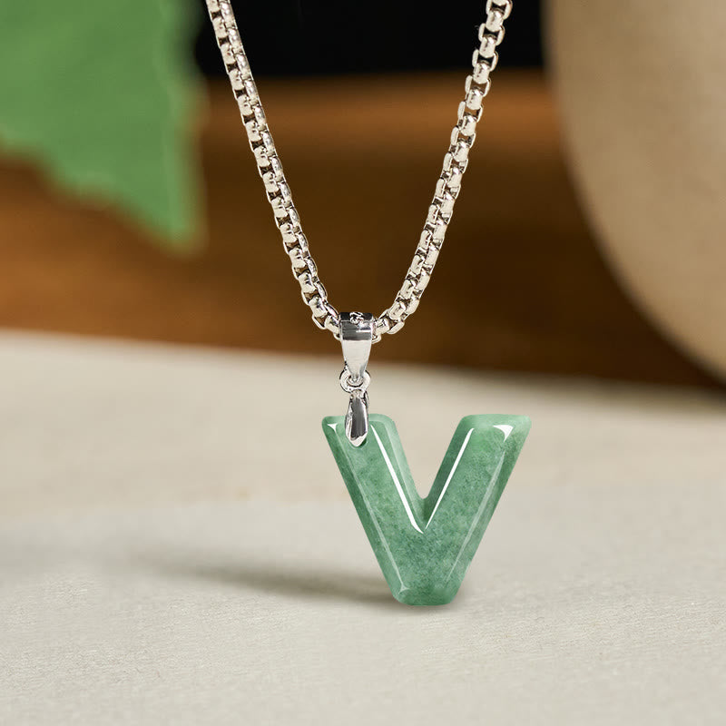 Fortune Jewel Natural A-Z Letter Jade Titanium Steel Wide Chain Prosperity Necklace Pendant - Fortune Jewel