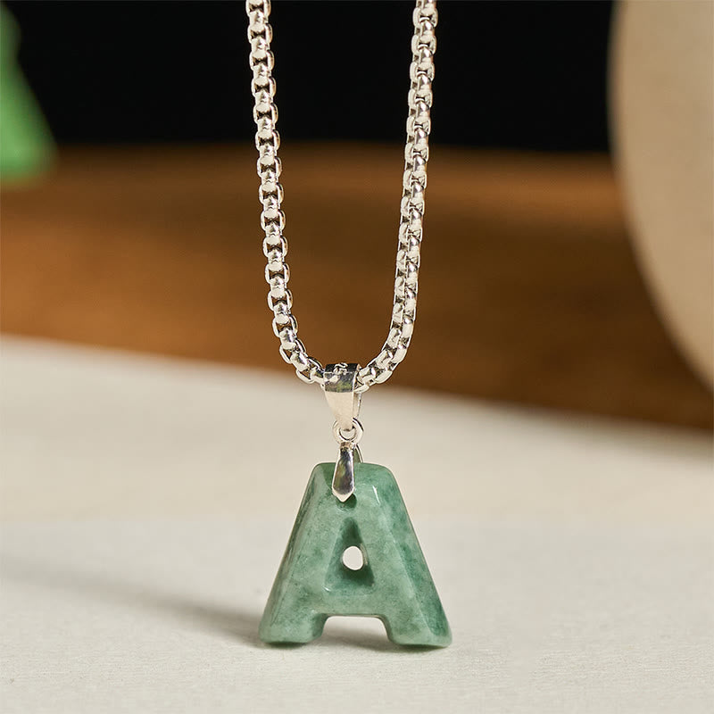 Fortune Jewel Natural A-Z Letter Jade Titanium Steel Wide Chain Prosperity Necklace Pendant - Fortune Jewel