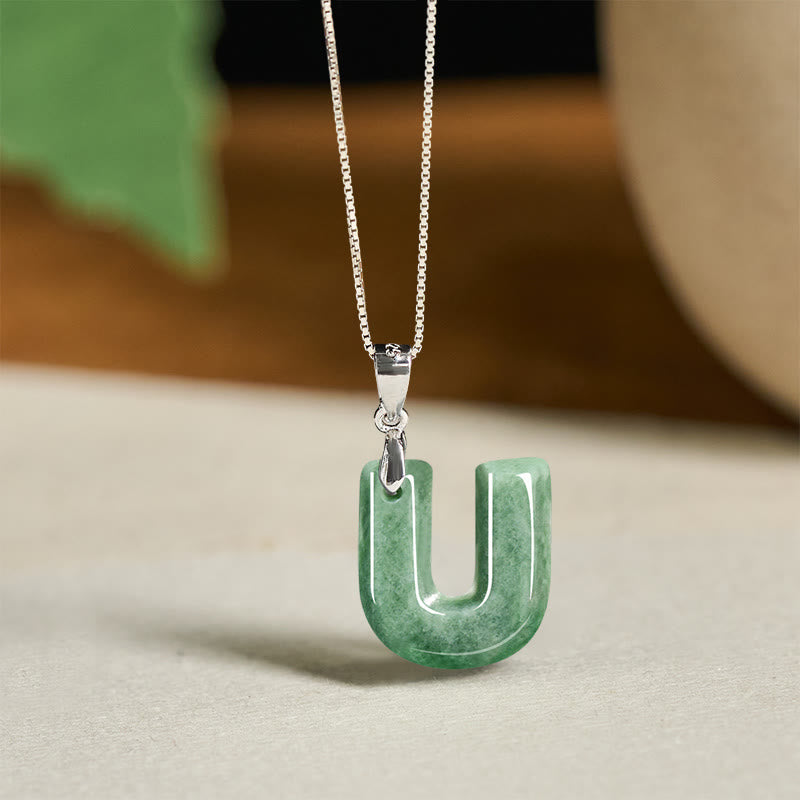 Fortune Jewel "May You Find Your Own Meaning" Natural A-Z Letter Jade 925 Sterling Silver Chain Necklace Includes Gift Message Card - Fortune Jewel