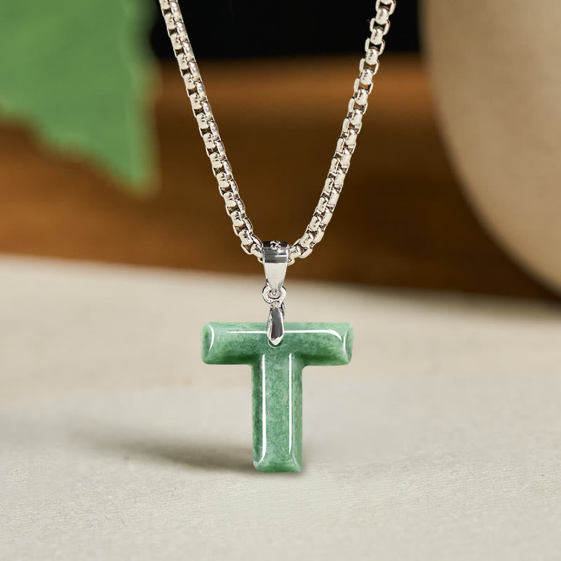 Fortune Jewel Natural A-Z Letter Jade Titanium Steel Wide Chain Prosperity Necklace Pendant - Fortune Jewel
