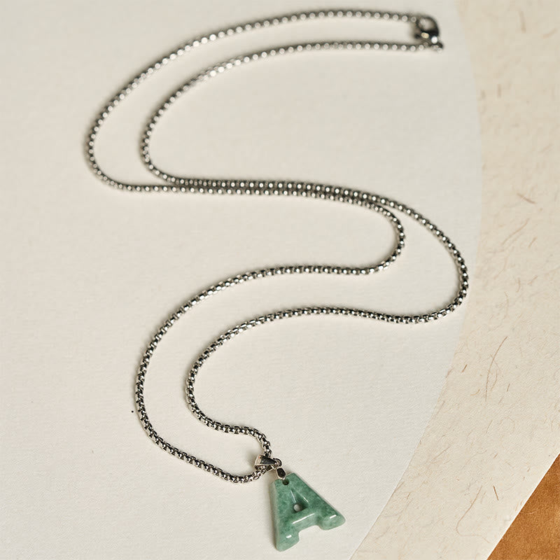 Fortune Jewel Natural A-Z Letter Jade Titanium Steel Wide Chain Prosperity Necklace Pendant - Fortune Jewel