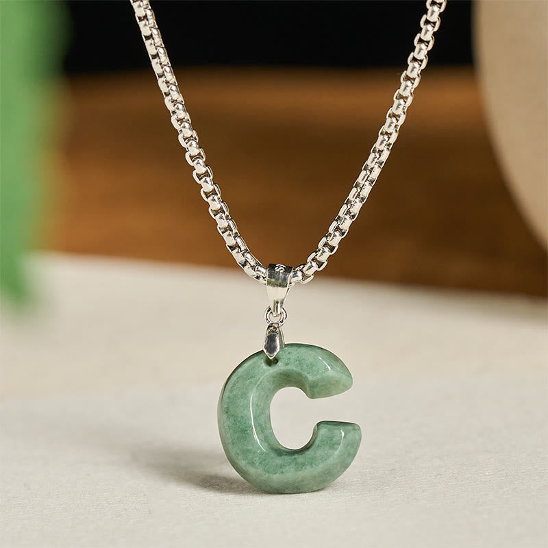 Fortune Jewel Natural A-Z Letter Jade Titanium Steel Wide Chain Prosperity Necklace Pendant - Fortune Jewel