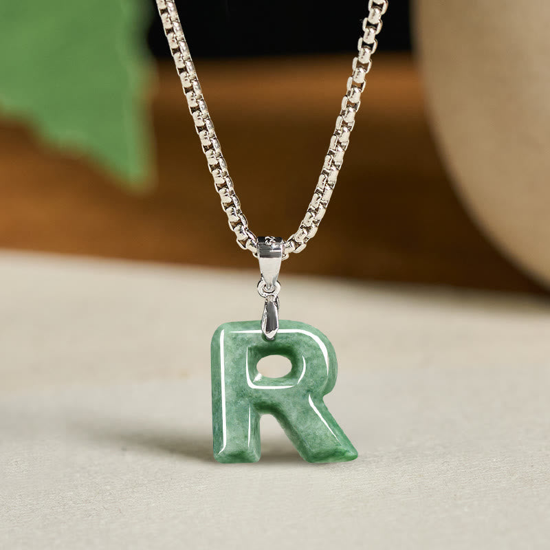 Fortune Jewel Natural A-Z Letter Jade Titanium Steel Wide Chain Prosperity Necklace Pendant - Fortune Jewel