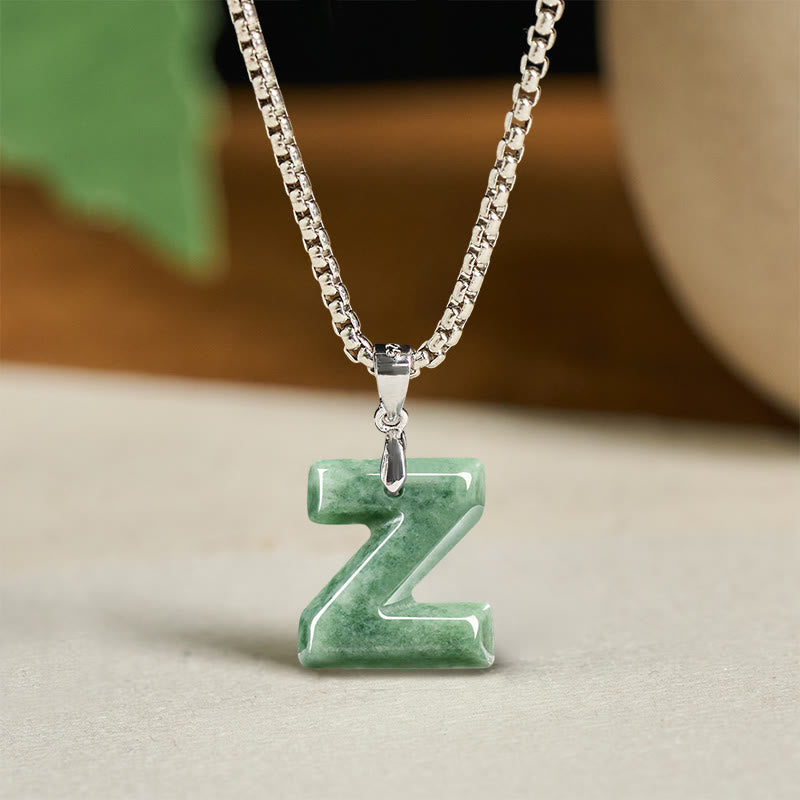 Fortune Jewel Natural A-Z Letter Jade Titanium Steel Wide Chain Prosperity Necklace Pendant - Fortune Jewel
