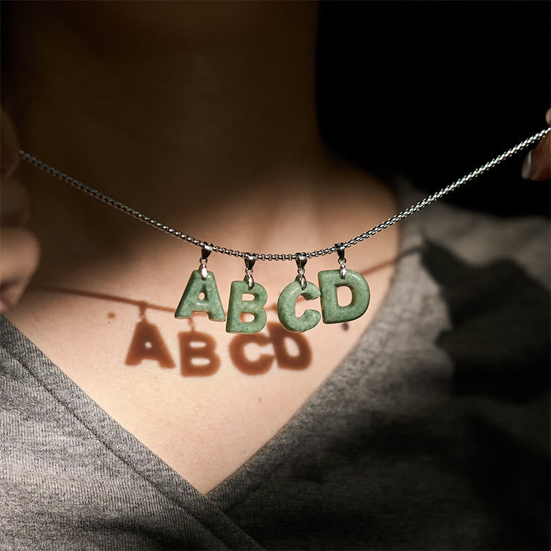 Fortune Jewel Natural A-Z Letter Jade Titanium Steel Wide Chain Prosperity Necklace Pendant - Fortune Jewel