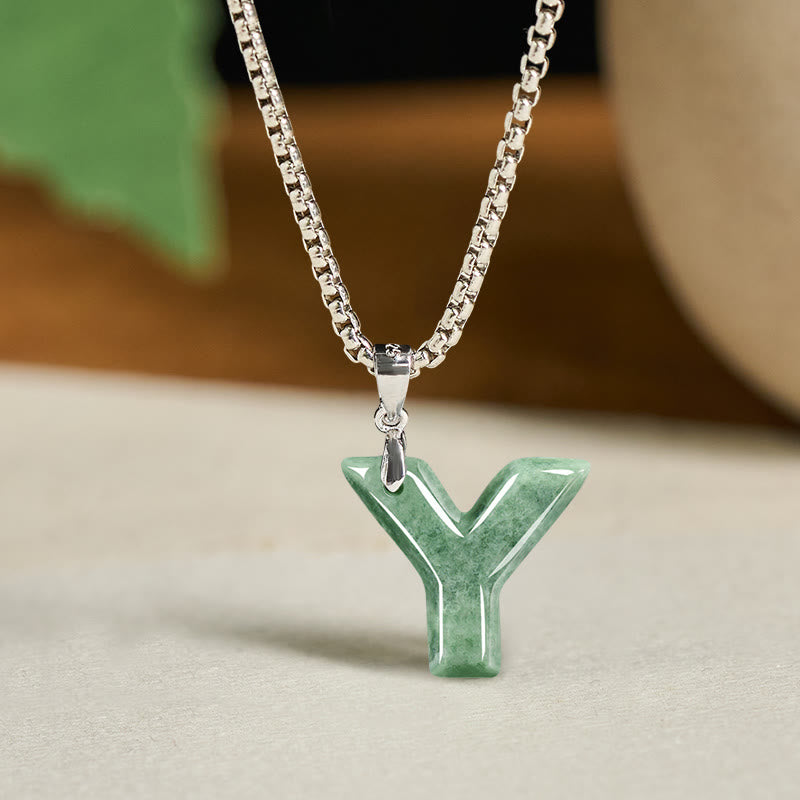 Fortune Jewel Natural A-Z Letter Jade Titanium Steel Wide Chain Prosperity Necklace Pendant - Fortune Jewel