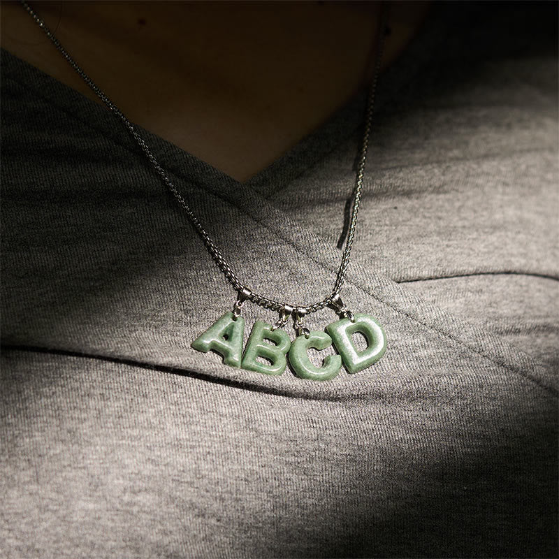 Fortune Jewel Natural A-Z Letter Jade Titanium Steel Wide Chain Prosperity Necklace Pendant - Fortune Jewel