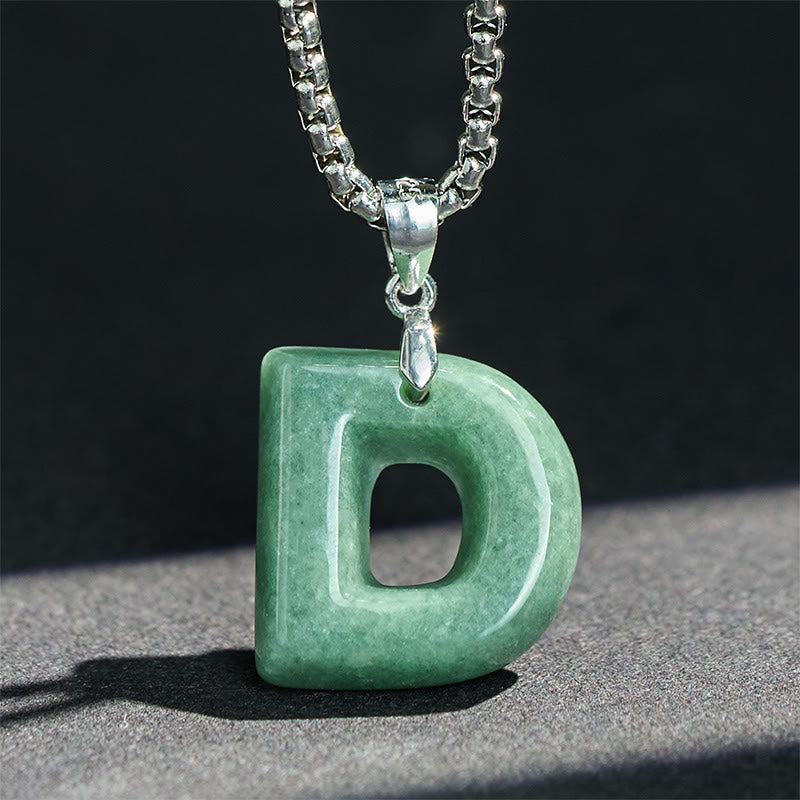 Fortune Jewel Natural A-Z Letter Jade Titanium Steel Wide Chain Prosperity Necklace Pendant - Fortune Jewel