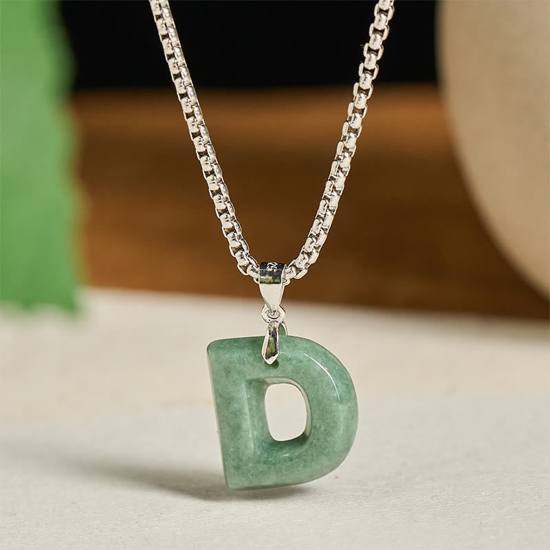 Fortune Jewel Natural A-Z Letter Jade Titanium Steel Wide Chain Prosperity Necklace Pendant - Fortune Jewel