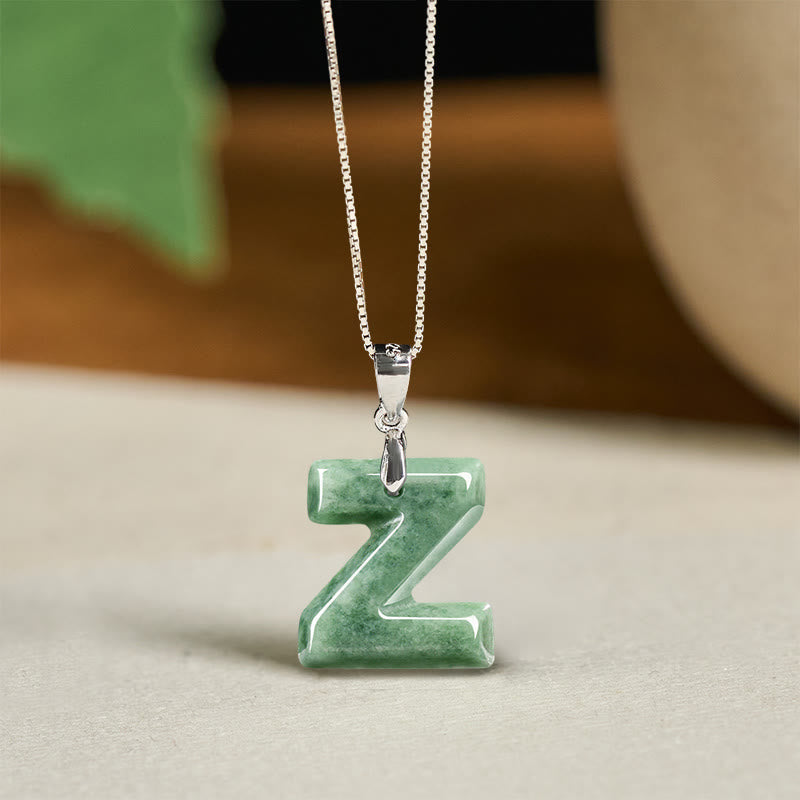 Fortune Jewel "May You Find Your Own Meaning" Natural A-Z Letter Jade 925 Sterling Silver Chain Necklace Includes Gift Message Card - Fortune Jewel