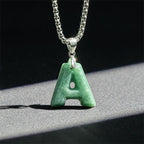 Fortune Jewel Natural A-Z Letter Jade Titanium Steel Wide Chain Prosperity Necklace Pendant - Fortune Jewel
