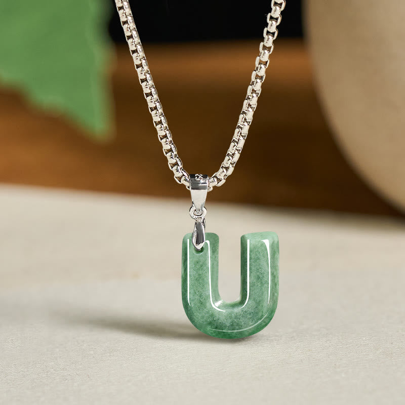 Fortune Jewel Natural A-Z Letter Jade Titanium Steel Wide Chain Prosperity Necklace Pendant - Fortune Jewel
