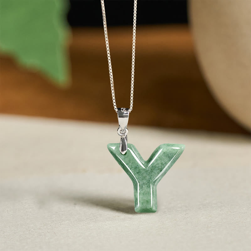 Fortune Jewel "May You Find Your Own Meaning" Natural A-Z Letter Jade 925 Sterling Silver Chain Necklace Includes Gift Message Card - Fortune Jewel