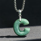 Fortune Jewel Natural A-Z Letter Jade Titanium Steel Wide Chain Prosperity Necklace Pendant - Fortune Jewel