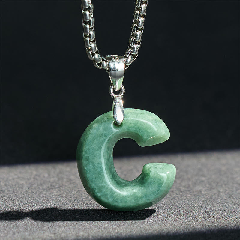 Fortune Jewel Natural A-Z Letter Jade Titanium Steel Wide Chain Prosperity Necklace Pendant - Fortune Jewel
