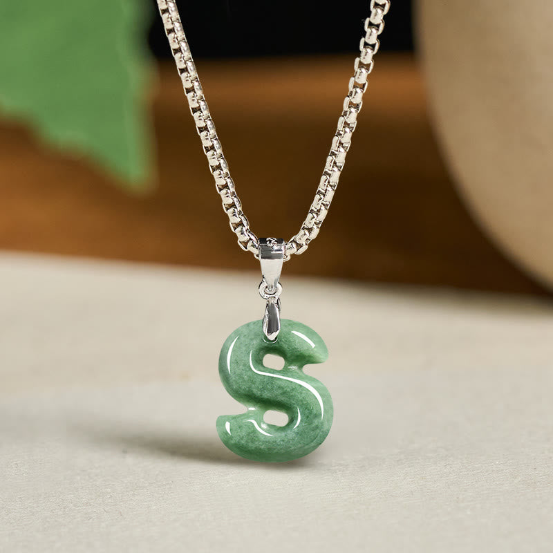 Fortune Jewel Natural A-Z Letter Jade Titanium Steel Wide Chain Prosperity Necklace Pendant - Fortune Jewel