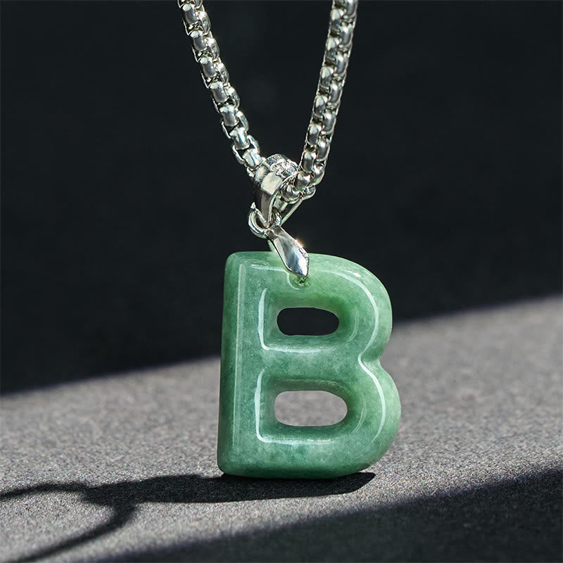 Fortune Jewel Natural A-Z Letter Jade Titanium Steel Wide Chain Prosperity Necklace Pendant - Fortune Jewel