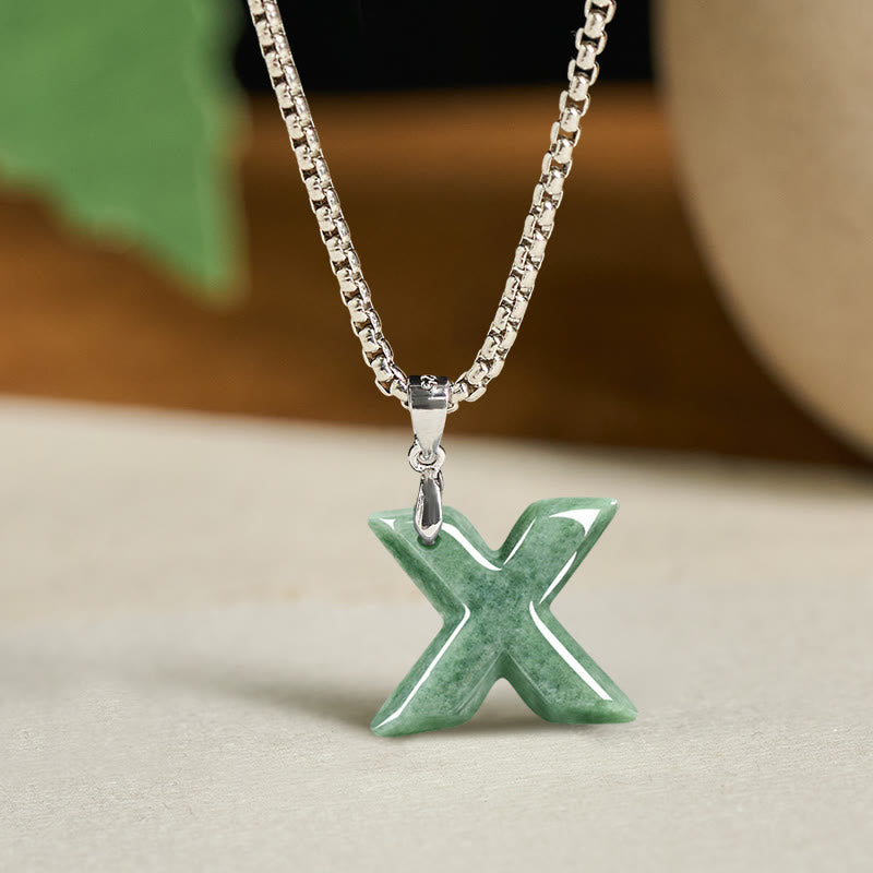 Fortune Jewel Natural A-Z Letter Jade Titanium Steel Wide Chain Prosperity Necklace Pendant - Fortune Jewel