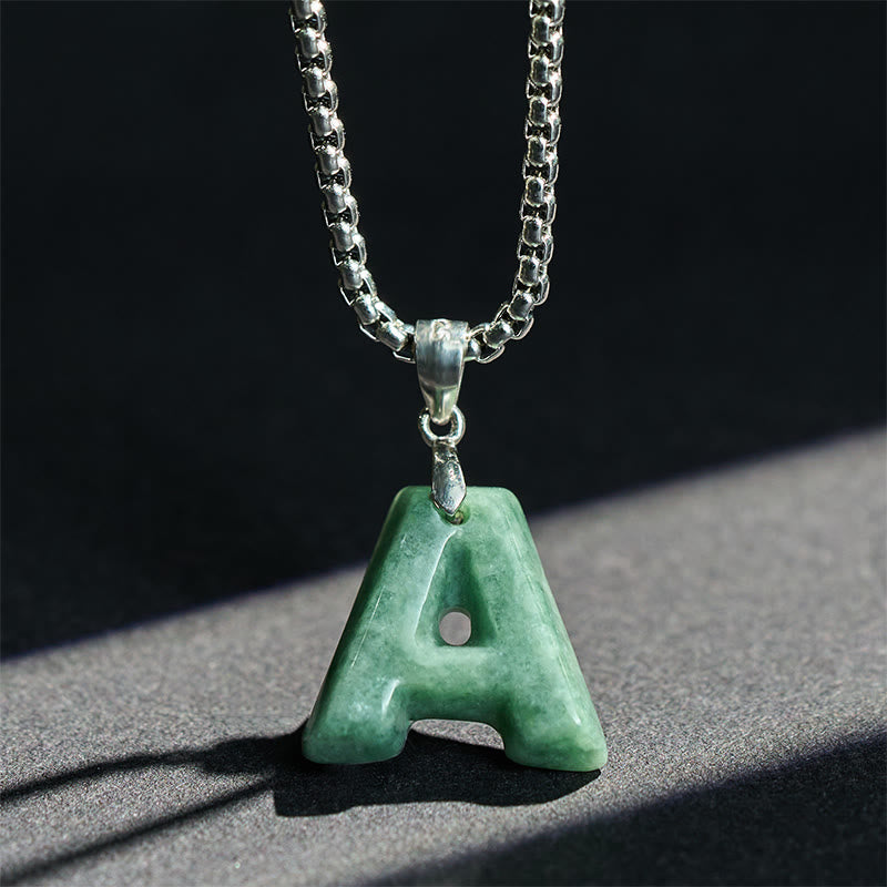 Fortune Jewel Natural A-Z Letter Jade Titanium Steel Wide Chain Prosperity Necklace Pendant - Fortune Jewel