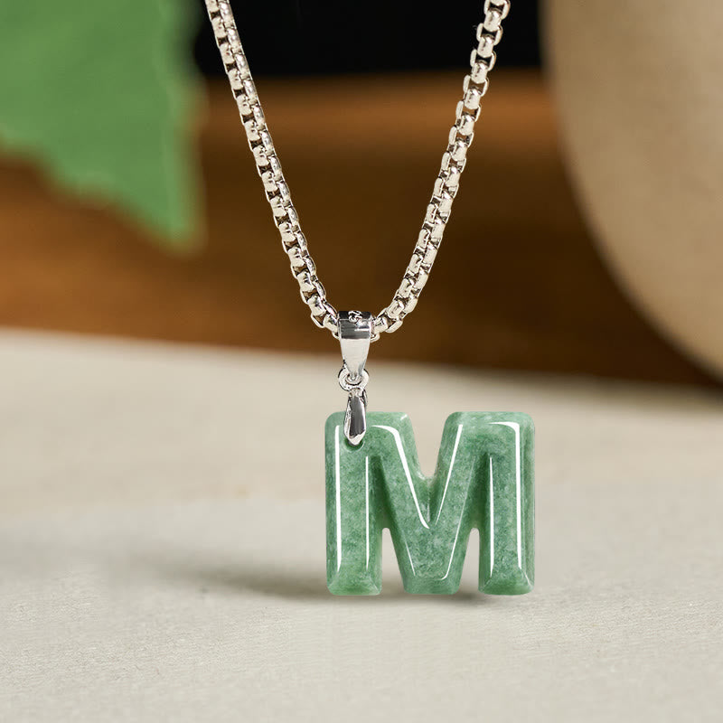Fortune Jewel Natural A-Z Letter Jade Titanium Steel Wide Chain Prosperity Necklace Pendant - Fortune Jewel