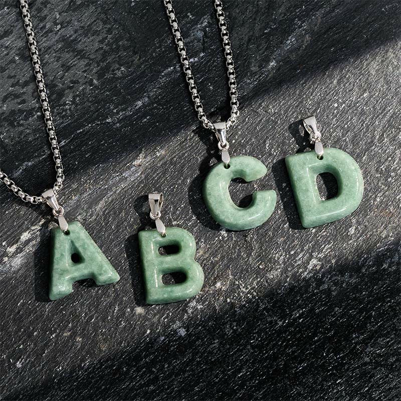 Fortune Jewel Natural A-Z Letter Jade Titanium Steel Wide Chain Prosperity Necklace Pendant - Fortune Jewel