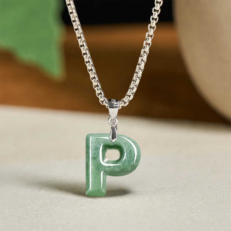 Fortune Jewel Natural A-Z Letter Jade Titanium Steel Wide Chain Prosperity Necklace Pendant - Fortune Jewel