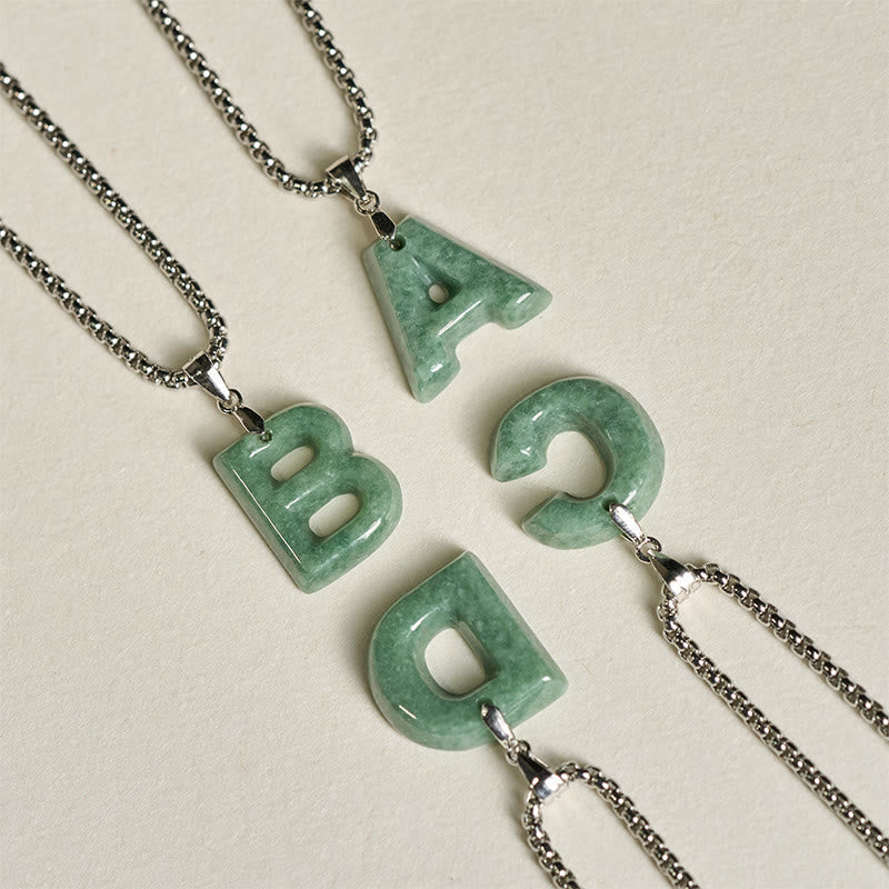 Fortune Jewel Natural A-Z Letter Jade Titanium Steel Wide Chain Prosperity Necklace Pendant - Fortune Jewel