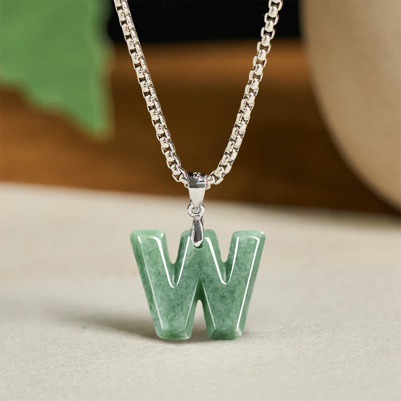 Fortune Jewel Natural A-Z Letter Jade Titanium Steel Wide Chain Prosperity Necklace Pendant - Fortune Jewel