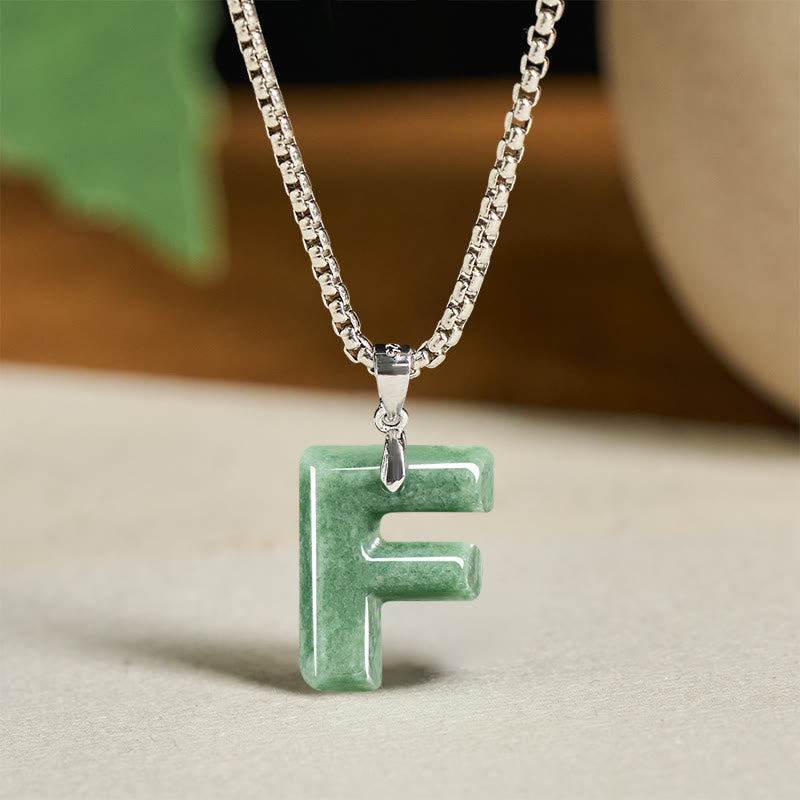 Fortune Jewel Natural A-Z Letter Jade Titanium Steel Wide Chain Prosperity Necklace Pendant - Fortune Jewel