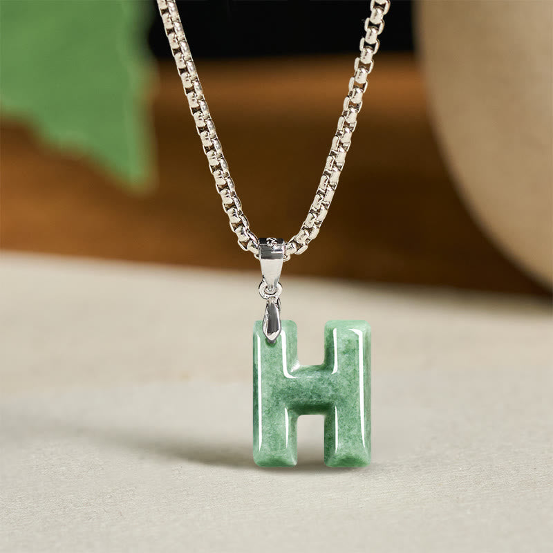 Fortune Jewel Natural A-Z Letter Jade Titanium Steel Wide Chain Prosperity Necklace Pendant - Fortune Jewel