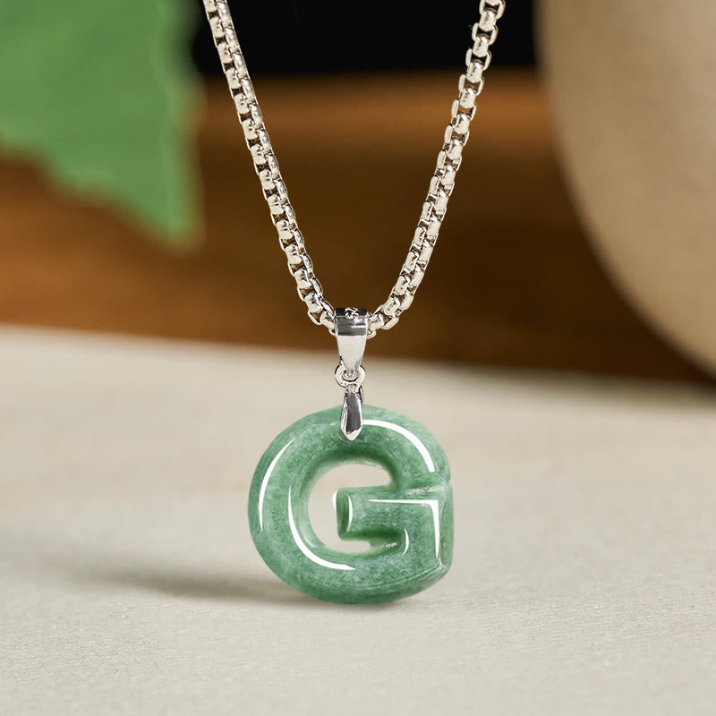 Fortune Jewel Natural A-Z Letter Jade Titanium Steel Wide Chain Prosperity Necklace Pendant - Fortune Jewel