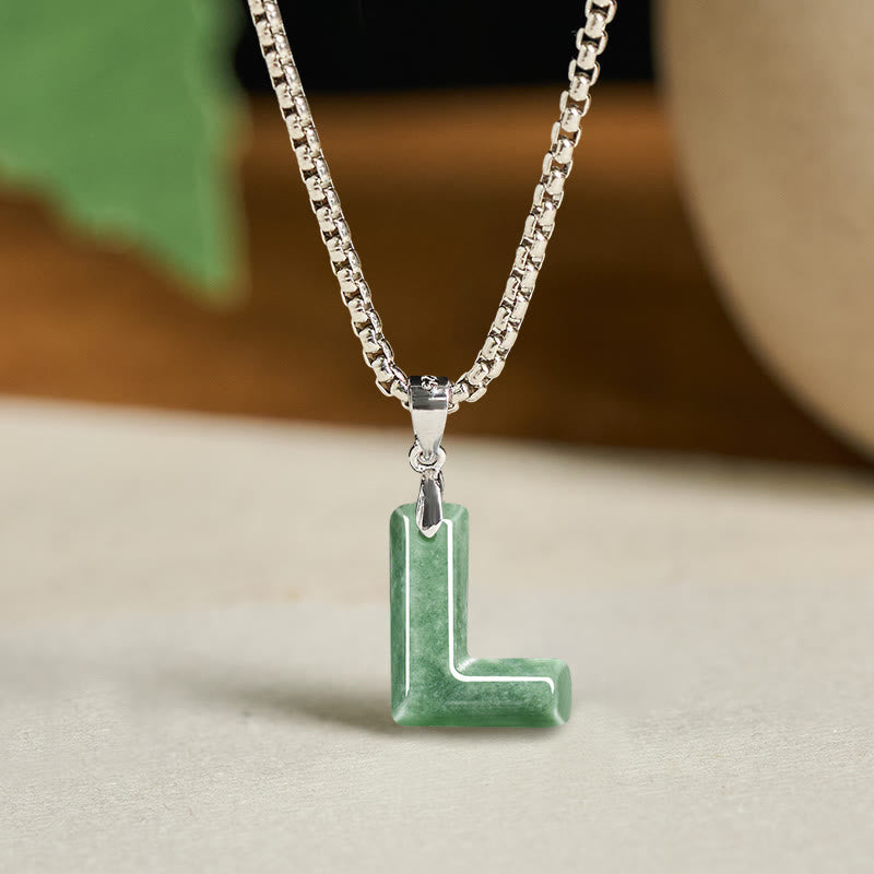 Fortune Jewel Natural A-Z Letter Jade Titanium Steel Wide Chain Prosperity Necklace Pendant - Fortune Jewel