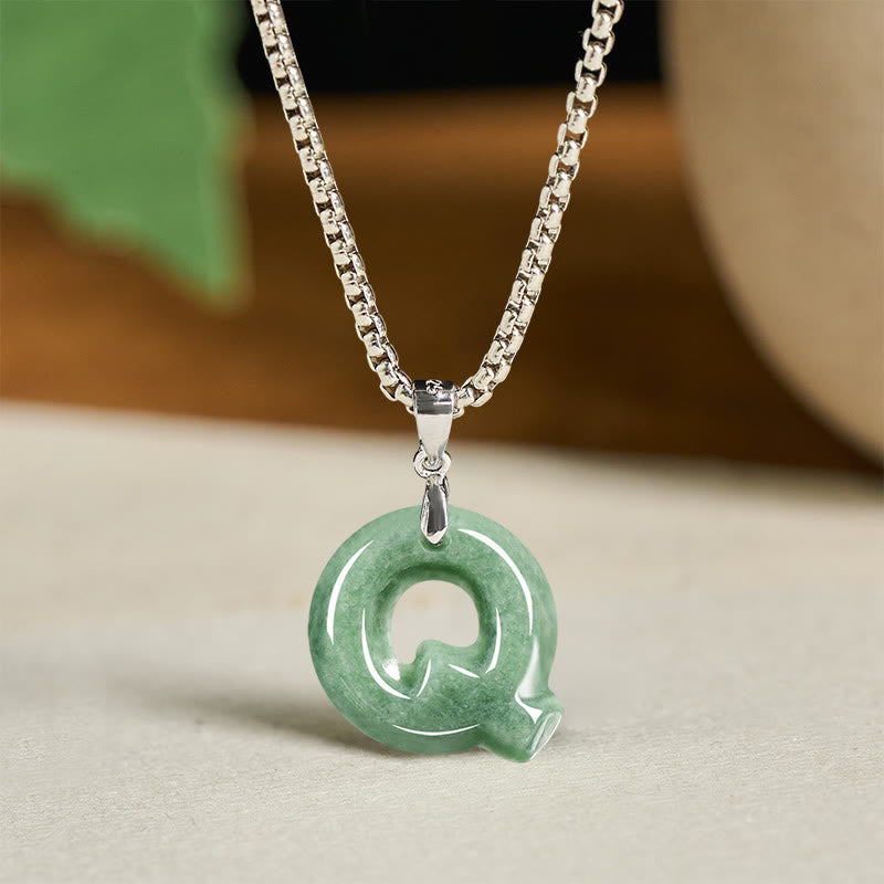 Fortune Jewel Natural A-Z Letter Jade Titanium Steel Wide Chain Prosperity Necklace Pendant - Fortune Jewel