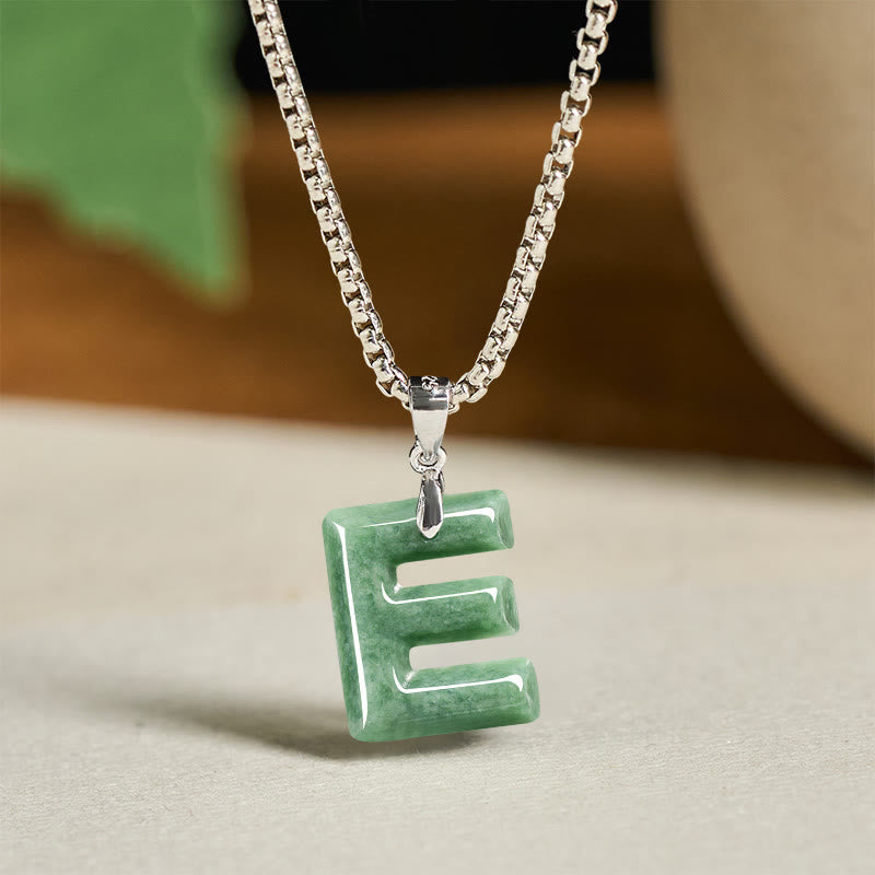 Fortune Jewel Natural A-Z Letter Jade Titanium Steel Wide Chain Prosperity Necklace Pendant - Fortune Jewel